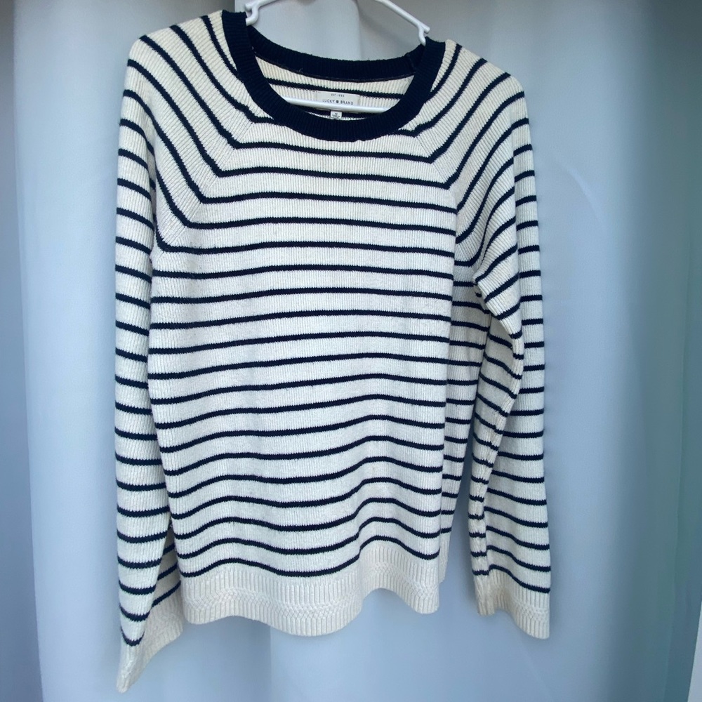 White w/ navy striped sweater